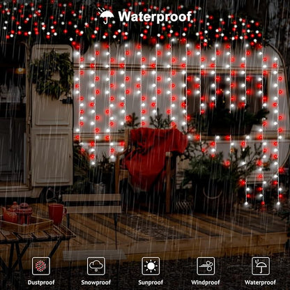 Red White Battery Curtain Lights 300LEDs Christmas Curtain Lights 9.8(L) x9.8ft(H) Christmas Lights Candy Cane Curtain Light with Remote Control 8 Modes Timer Built in for Holiday Decoration