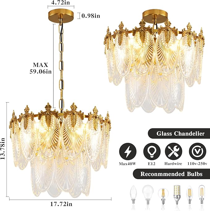 Antique Chandeliers 2-Layer Gold Crystal Glass Chandelier, 4-Light Round Pendant Light 17.7" Brushed Brass Adjustable Height, Applicable to Dining Room, Bedroom, Living Room, Foyer, Kitchen Island