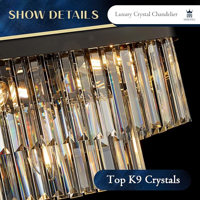 Modern Rectangular Crystal Chandeliers for Dining Room 11 Lights L33.5” Black Rectangle Chandelier Luxury K9 Crystal Ceiling Pendant Light Fixture for Kitchen Island Bar