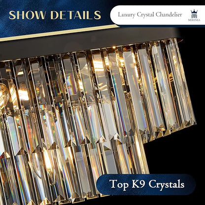 Modern Rectangular Crystal Chandeliers for Dining Room 11 Lights L33.5” Black Rectangle Chandelier Luxury K9 Crystal Ceiling Pendant Light Fixture for Kitchen Island Bar