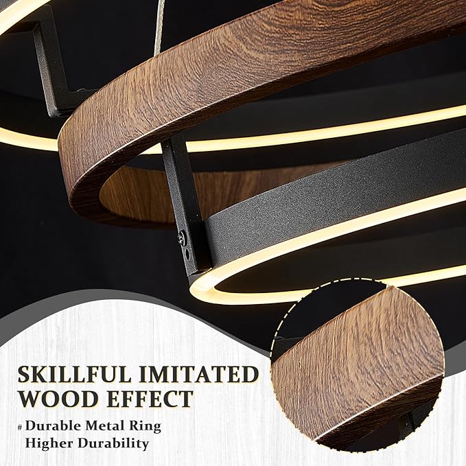 Modern LED Chandelier Black Wood Dimmable 3-Ring Foyer Entry Chandeliers Light 24in Dining Room Chandelier Light Fixture for Kitchen Home Office Living Room