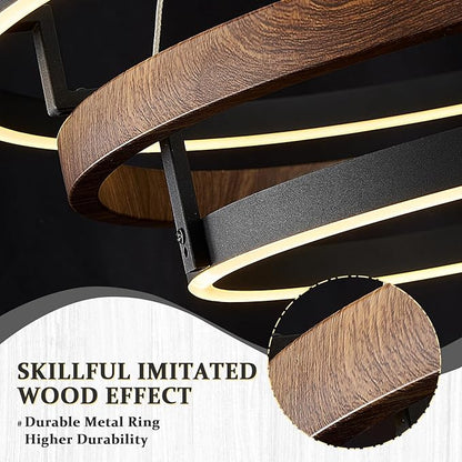 Modern LED Chandelier Black Wood Dimmable 3-Ring Foyer Entry Chandeliers Light 24in Dining Room Chandelier Light Fixture for Kitchen Home Office Living Room