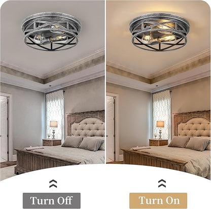 3-Light Cage Ceiling Light Fixtures, Farmhouse Close to Ceiling Lights, 13 Inch Black and Silver Metal Flush Mount Ceiling Lights for Bedroom, Living Room, Porch Kitchen Entrance