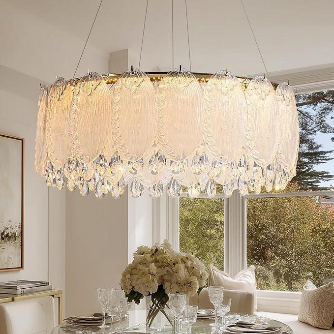 Drum Chandelier for Dining Room,24-ihch Modern Gold Drum Glass Chandeliers,Luxury Crystal Glass Pendant Ceiling Lighti for Foyer Living Room Bedroom