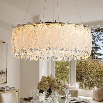 Drum Chandelier for Dining Room,24-ihch Modern Gold Drum Glass Chandeliers,Luxury Crystal Glass Pendant Ceiling Lighti for Foyer Living Room Bedroom