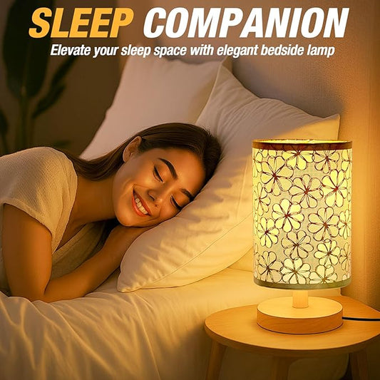 Desk Lamp LED Bulb Included, Small Bedside Table Lamp Plug-in - Classic Wood Base with Flaxen Fabric Shade, Lamps for Night Stands, Simple Nightstand Light for Bedroom, Office, Desk