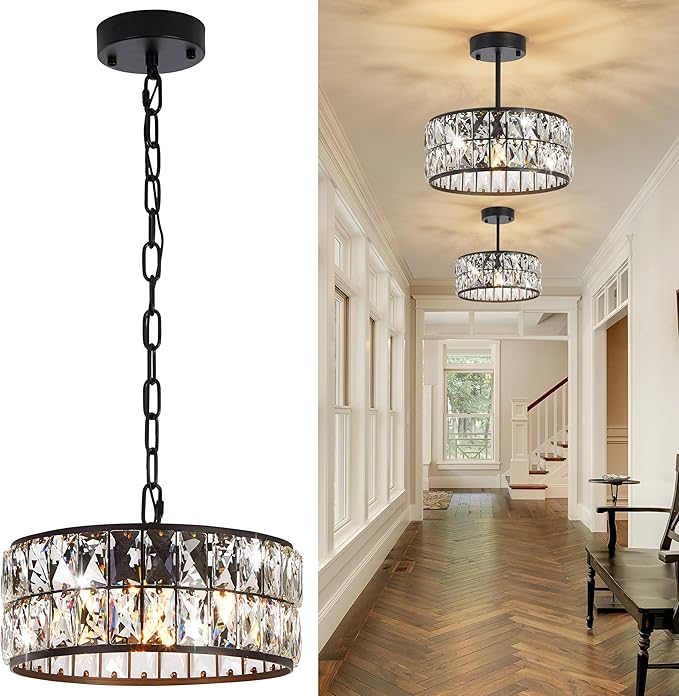 Modern Black Crystal Pendant Light 4-Light,Crystal Small Chandelier,12-Inch Small Round Semi Flush Mount Ceiling Light for Kitchen Island & Entryway
