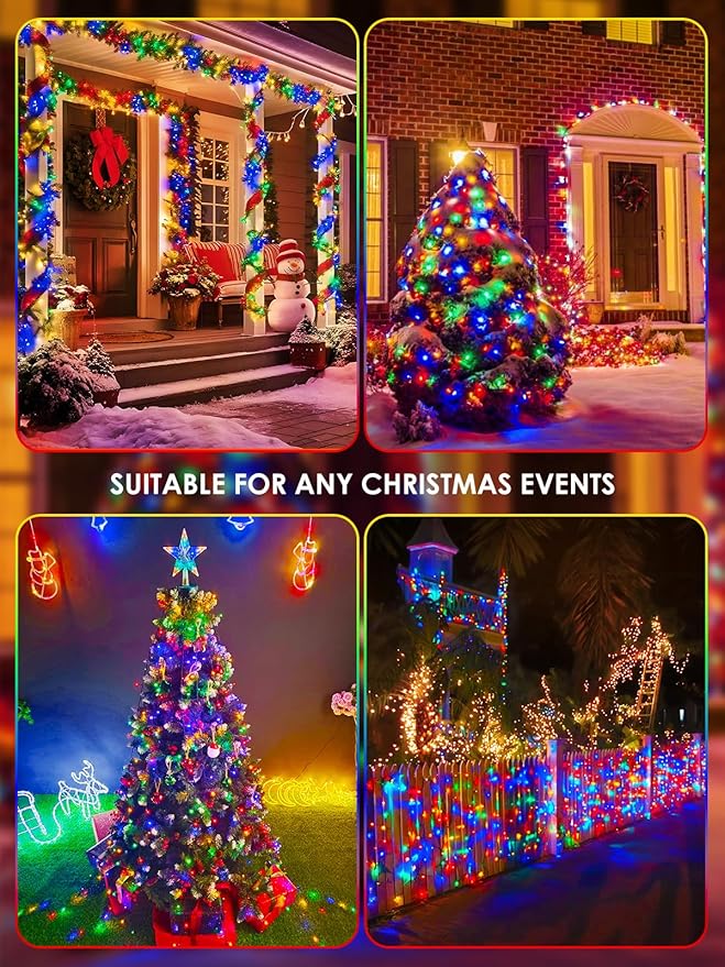 4pk Multi-Colored Solar Christmas Lights Outdoor Waterproof, 400 LED 132 FT Solar Powered LED String Lights Green Wire with 8 Modes, Solar Fairy Lights for Xmas Tree Party Wedding Garden Decorations