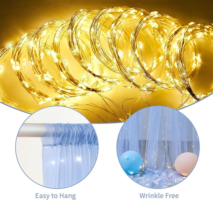 Baby Blue Sheer Tulle Backdrop Curtains with Lights String for Baby Shower Party Wrinkle Free Curtain Backdrops Drapes for Wedding Birthday Party Photo Back Drop Background Home Decorations 10ft x 8ft