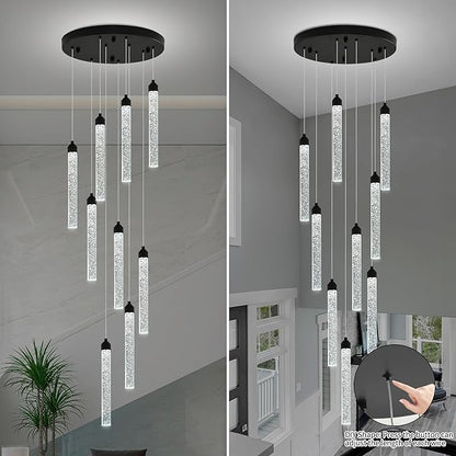 Crystal Staircase Chandelier, Modern Black Spiral Dimmable LED Cluster Raindrop Foyer Chandelier Lighting, Bubble Living Room Hanging Light Fixture 9 Light Remote Control