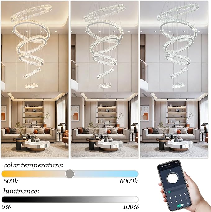 Finktonglan 6-Ring Crystal LED Chandelier, Dimmable Pendant with Remote, Adjustable Height 118", K9 Stainless Rings (Ø7.9–27.6"), 3000–6500K, Memory/Timer for Stairwell Foyer Living Room