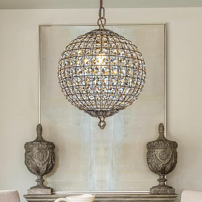 ALOADECOR 1-Light W12 in. Retro Antique Gold Globe Chandelier Small Crystal Vintage Cage-Style Shade Pendant Light for Kitchen Island Sphere Light Fixture for Bedoom