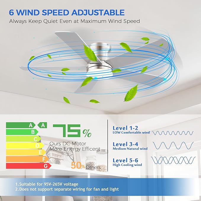 Ayaoty Flush Mount Low Profile Ceiling Fans with Lights - Modern Ceiling Fan with LED Dimming, Timer, 6Wind Speeds, Indoor Fan Light Fixture for Bedroom, Kitchen, Nickel