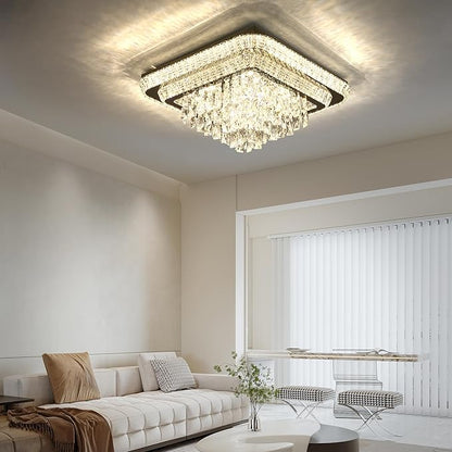 COCOSTAR Crystal Chandeliers, Modern Led Luxury Chandelier, 34" Suqare Flush Mount Chandelier Ceiling Light, Raindrop Chandeliers for Dining Room, Living Room, Bedroom