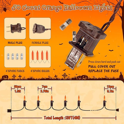 YOUNGAR Orange Halloween Lights, Clear Christmas Lights Outdoor,13FT 50 Approved Christmas String Light with Brown Wire,Incandescent Mini Light Plug in for Indoor Tree Patio Garden Xmas Decor