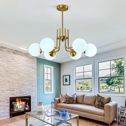 hesoge 6 Light Modern Sputnik Chandelier with Milk White Glass Globe Mid Century Gold Pendant Light Semi Flush Mount Ceiling Light Fixture for Dining Room Living Room Kitchen Entryway.