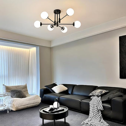 Biewalk Sputnik Ceiling Light Fixture 6 Light Sputnik Chandeliers, Black Chandelier Light Fixture with Milk White Glass Shade for Living Room Kitchen Bedroom Dining Room (E26 Bulb Excluded)