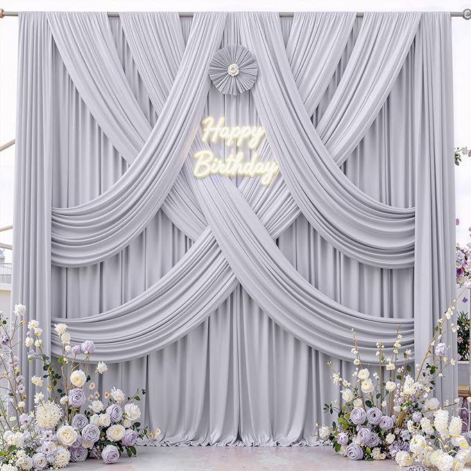 10 ft x 10 ft Wrinkle Free Silver Backdrop Curtain for Parties, Polyester Silver Grey Backdrop Drapes 2 Panels 5x10ft for Baby Shower Photoshoot Engagement Wedding Birthday Photography Background