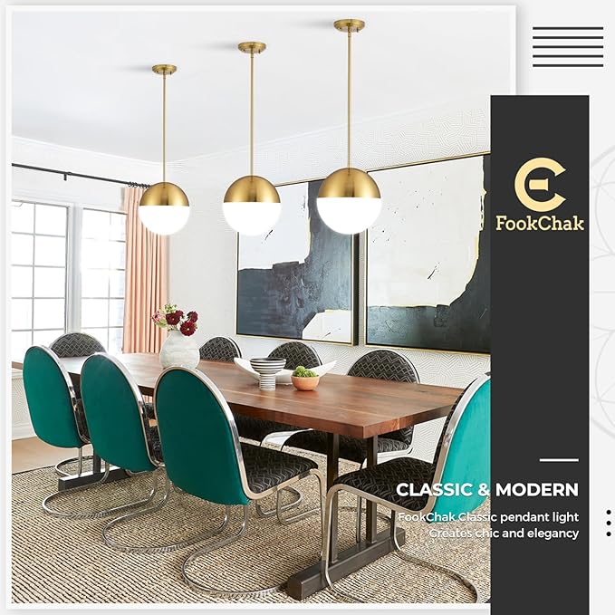 10in Glass Gold Pendant Light Globe Mid Century Modern Kitchen Island Pendant Lighting Brass Frosted Glass Hanging Light Fixtures Milky White Ball Pendant Lights for Dining Room Entry Bathroom