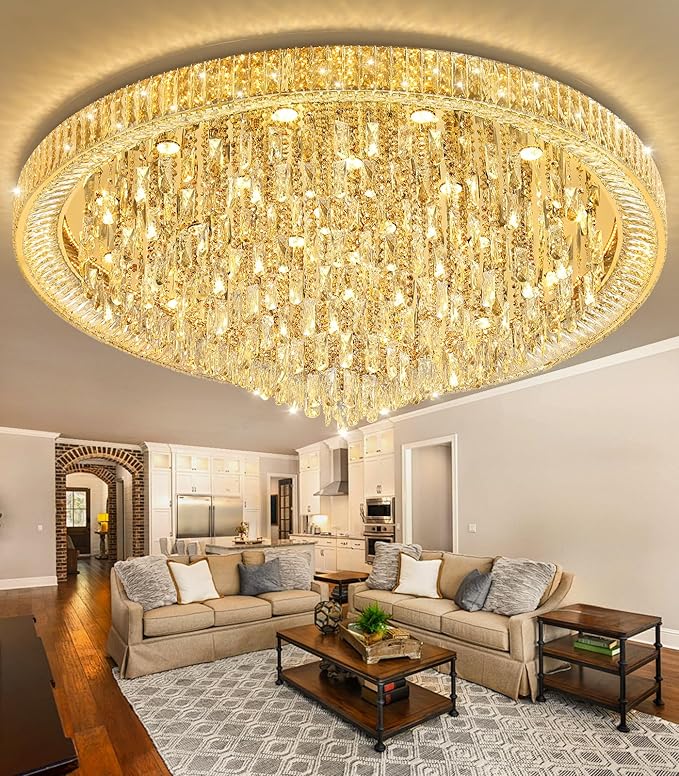 53.7" Modern Crystal Big Large Chandeliers LED Dimmable Flush Mount Ceiling Chandeliers for Living Room High Ceiling Entrance Foyer Lobby Bedroom Gold