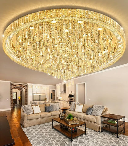 53.7" Modern Crystal Big Large Chandeliers LED Dimmable Flush Mount Ceiling Chandeliers for Living Room High Ceiling Entrance Foyer Lobby Bedroom Gold
