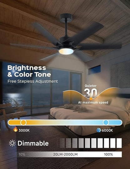 52 Inch Smart Ceiling Fan with LED Lights and WiFi Alexa APP Remote,Modern Black Ceiling Fan with ABS Blades,3CCT,6 Speed,Quiet Reversible DC Motor Indoor Outdoor Fan for Patio,Garage,Bedroom