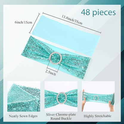 Newwiee 54 Pcs Light Blue Sequin Chair Sashes and Table Runners, 48 Sequin Chair Bows, 6 Glitter Table Runners for Birthday Party Wedding Banquet Holiday Decorations