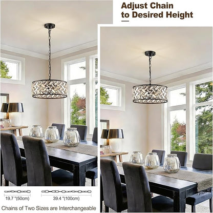 Black Crystal Chandelier, 4-Light Morden Dining Room Light Fixture,15.16" Round Semi Flush Mount Chandeliers for Kitchen Foryer Entryway Hallway Living Room Bedroom (ETL Listed)