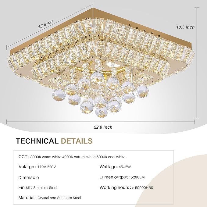 18 inch Crystal Flush Mount Gold Chandelier Remote/APP, Modern Raindrop LED Ceiling Light, 3CCT Dimmable & Brightness Adjustable,Elegant Chandeliers for Bedroom Hallway Dinning Room Living Room