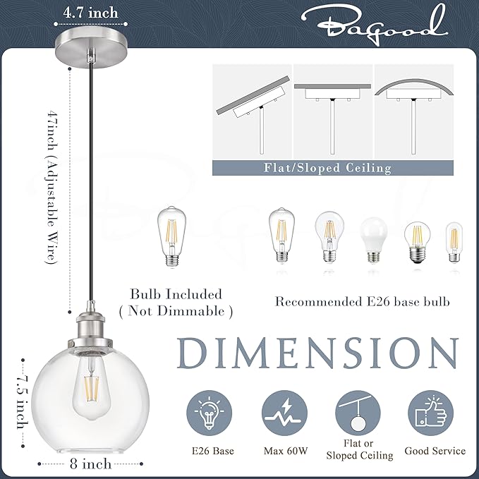 Bagood 8" Glass Pendant Light Clear Globe Pendant Lights Kitchen Island Brushed Nickel Glass Pendant Lights Kitchen Island Globe Pendant Light fixtures Pendant Light Farmhouse(Bulb Incl.)