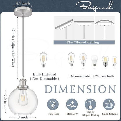 Bagood 8" Glass Pendant Light Clear Globe Pendant Lights Kitchen Island Brushed Nickel Glass Pendant Lights Kitchen Island Globe Pendant Light fixtures Pendant Light Farmhouse(Bulb Incl.)