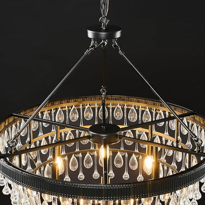 Black Modern Raindrop Crystal Chandelier: 28" Round K9 Crystals Contemporary Chandeliers for Dining Room Lights over Table - Adjustable Large Light Chandelier for Bedroom Living Kitchen Entryway Foyer