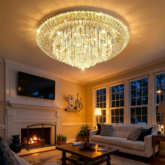 Modern Silver Crystal Chandelier LED Ceiling Light Fixture Raindrop Chandeliers Dimmable Lighting for Living Room Dining Room Entryway Bedroom