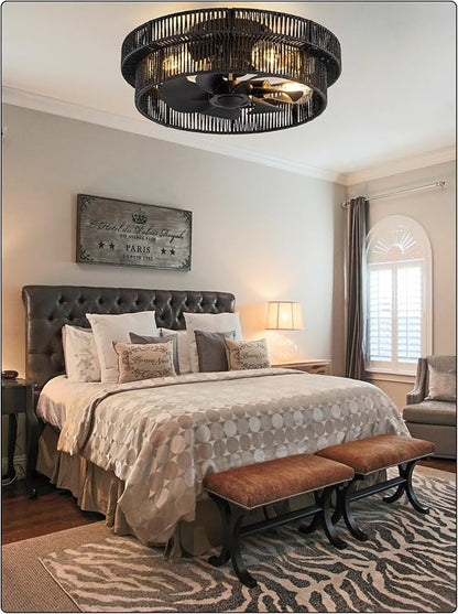 Handwoven Boho Ceiling Fans with Lights Flush Mount,Rattan Farmhouse Caged Fandelier Low Profile Enclosed Chandelier Fan with 6 Speeds for Bedroom,Nursery,Dining Room(Black)