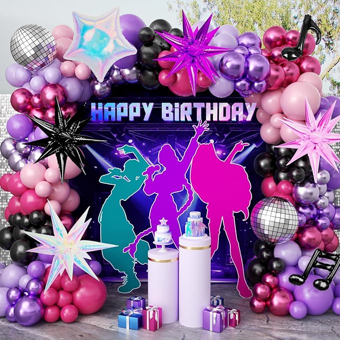 JOGAMS 175Pcs Dark Night Kpop Hunter Balloons Arch Kit, Black Metallic Pink Purple Disco Balloons with Iridescent Star Music Note Foil Balloons for K-Pop Music Disco Theme Birthday Concert-Style Stage