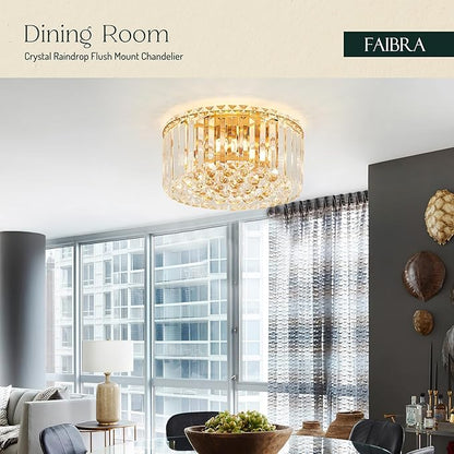 12.6" Gold K9 Crystal Raindrop Flush Mount Ceiling Light, Modern Chandelier, Round Luxury Light Fixture for Dining Room, Bedroom, Hallway, Kitchen Island & Living Room