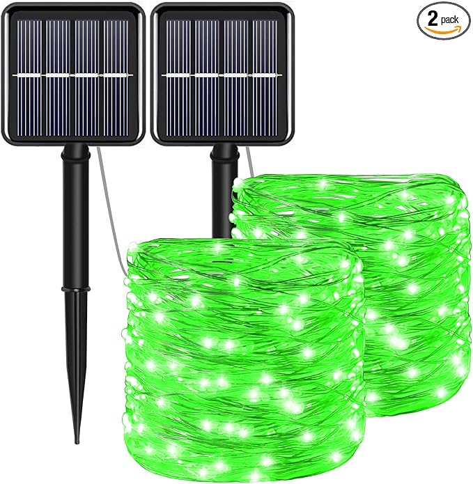 Green Solar Fairy String Lights Outdoor, 2 Pack Each 100LED 8 Modes Copper Wire Lights Christmas Decorations IP67 Waterproof for Garden, Patio, Fence, Balcony