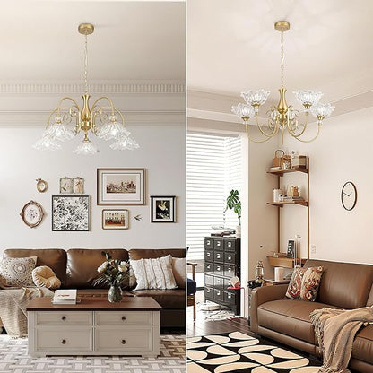 5-Light Vintage Chandeliers in Matte Brass Finish with Crystal Glass Shades, Retro Chandelier Light for Dining Room,Hallway,Kitchen