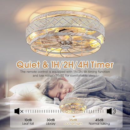 SHIHOT 18 Inch Low Profile Caged Ceiling Fans with Lights Remote Control, White Flush Mount Ceiling Fan, Small Bladeless Ceiling Fan Light Fixture For Bedroom, Kitchen, Reversible(Bulbs not Included)