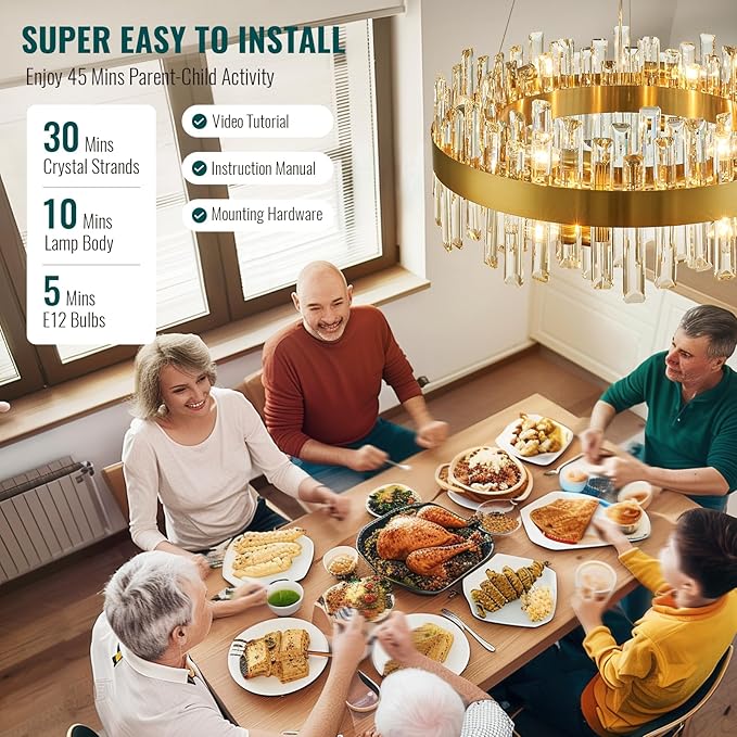 Siljoy Modern Crystal Chandelier, 12-Light Brushed Gold Round K9 Crystal Raindrop Chandelier, Luxury Dimmable Pendant Ceiling Light for Dining Room Living Room Kitchen Island Entryway Foyer, D23.6''