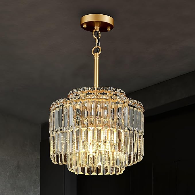 Modern 12.8“ Gold Crystal Chandelier Ceiling Light Fixtures for Dining Room Luxury Glam 4-Light Crystal Chandeliers Lighting for Bedroom Entryway Hallway Living Room Kitchen Island Foyer