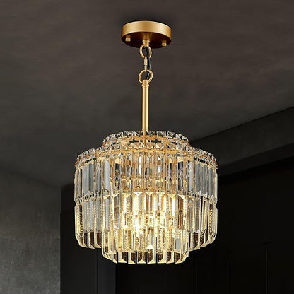 Modern 12.8“ Gold Crystal Chandelier Ceiling Light Fixtures for Dining Room Luxury Glam 4-Light Crystal Chandeliers Lighting for Bedroom Entryway Hallway Living Room Kitchen Island Foyer
