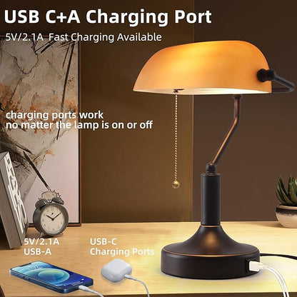 Vintage Bankers Desk Lamp with Pull Chain Switch, Traditional Desk Lamp with USB A and Type C Charging Port, Oil Rubbed Bronze Table Lamp with Amber Glass Shade for Office, Library, Study Room