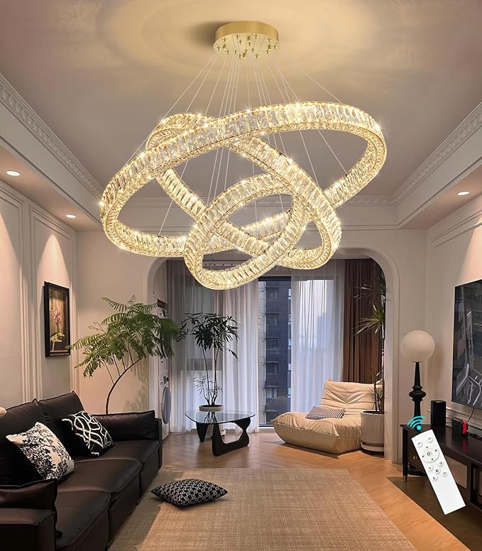 HAIXIANG Large Glam Chandelier Crystal LED 3 Rings Chandeliers Adjustable Hanging Ceiling Pendant Lights Fixture Gold 24"+32"+40" Ring Lighting for Living Room Foyer Entryway High Ceiling