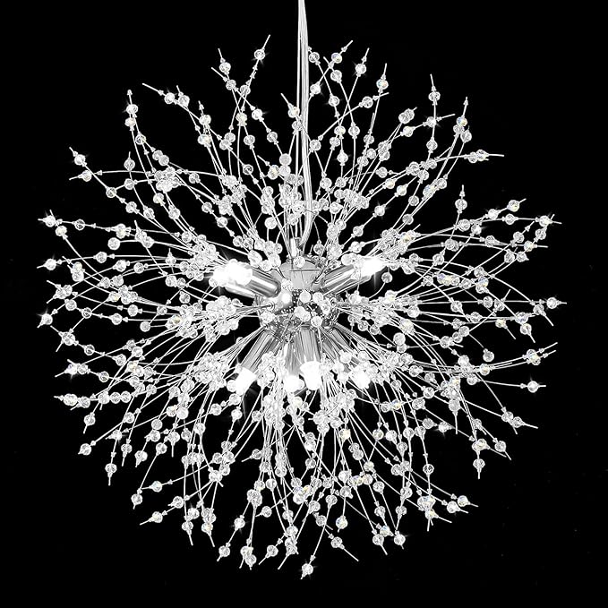Qamra Modern Crystal Chandeliers, Chrome Firework Dandelion Sputnik Chandelier Light Fixture Pendant Lighting for Living Room, Dining Room, Bedroom, Kitchen(8-Light, Chrome)