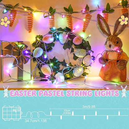 cshare Easter String Lights Battery Operated, Pastel Easter Lights with Timer 9.8ft 30LED Transparent Wire Fairy Lights for Easter Decorations Garland Outdoor Indoor Party 2 Packs
