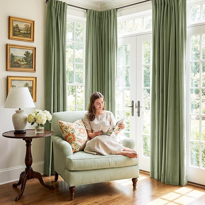 StangH Sage Green Curtains for Living Room Soft Velvet Back Tab Nursery Bedroom Window Panels 96 inches Long Room Darkening Thermal Insulated Drapes, W42 x L96, 2 Panels