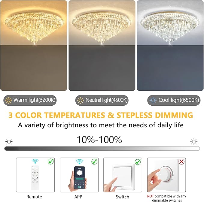 Modern LED Crystal Chandelier for Living Room Dimmable Large Ceiling Light Fixture Round Raindrop Chandeliers for Dining Room Entryway Bedroom Foyer Gold