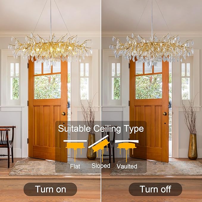 Crystal Chandeliers for Dining Room, L47.2 Gold Tree Branch Rectangular Chandelier, Dining Room Light Fixture 13-Light High Ceiling Lights, Modern Chandeliers for Foyer, Living Room