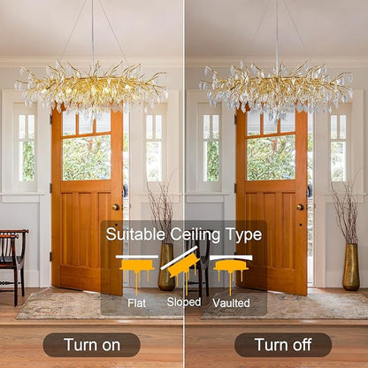 Crystal Chandeliers for Dining Room, L47.2 Gold Tree Branch Rectangular Chandelier, Dining Room Light Fixture 13-Light High Ceiling Lights, Modern Chandeliers for Foyer, Living Room